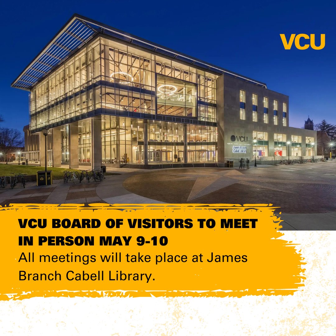 The #VCU Board of Visitors will hold in-person committee meetings on May 9, beginning at 8 a.m. All meetings will take place at James Branch Cabell Library, 901 Park Avenue, Room 303. Read more: news.vcu.edu/article/2024/0…