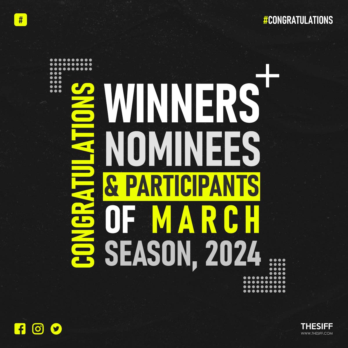 'SIFF' congratulates all the participants and winners of the MARCH, 2024 season.
Thank you and keep on supporting us.

#congratulations #winners #outstandingachievement #nominee #filmfreeway #indiefilm #supportindiefilm #siff #SIFF2024
@Filmfreeway