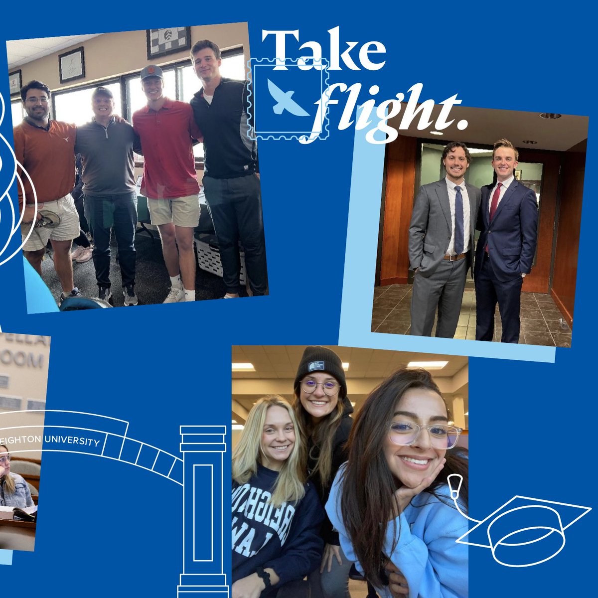 CreightonLaw's tweet photo. From Omaha, NE, to Washington, DC, Creighton School of Law students explored near and far this year, honing their skills and preparing to practice law with excellence and compassion. 💙🐦 #CreightonGrad https://t.co/beKQafgbIy