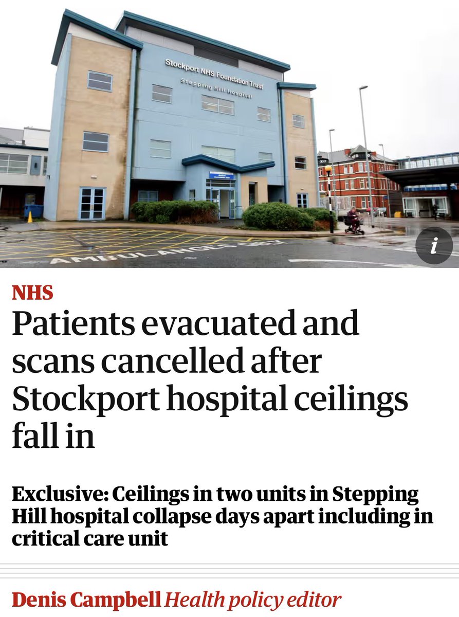 The state of the NHS after 14 yrs of deliberate, calculated government underfunding - patients put at risk by hospital ceilings literally collapsing. They’re destroying NHS staff, buildings, morale & capacity to care. And they just don’t care. theguardian.com/society/articl…