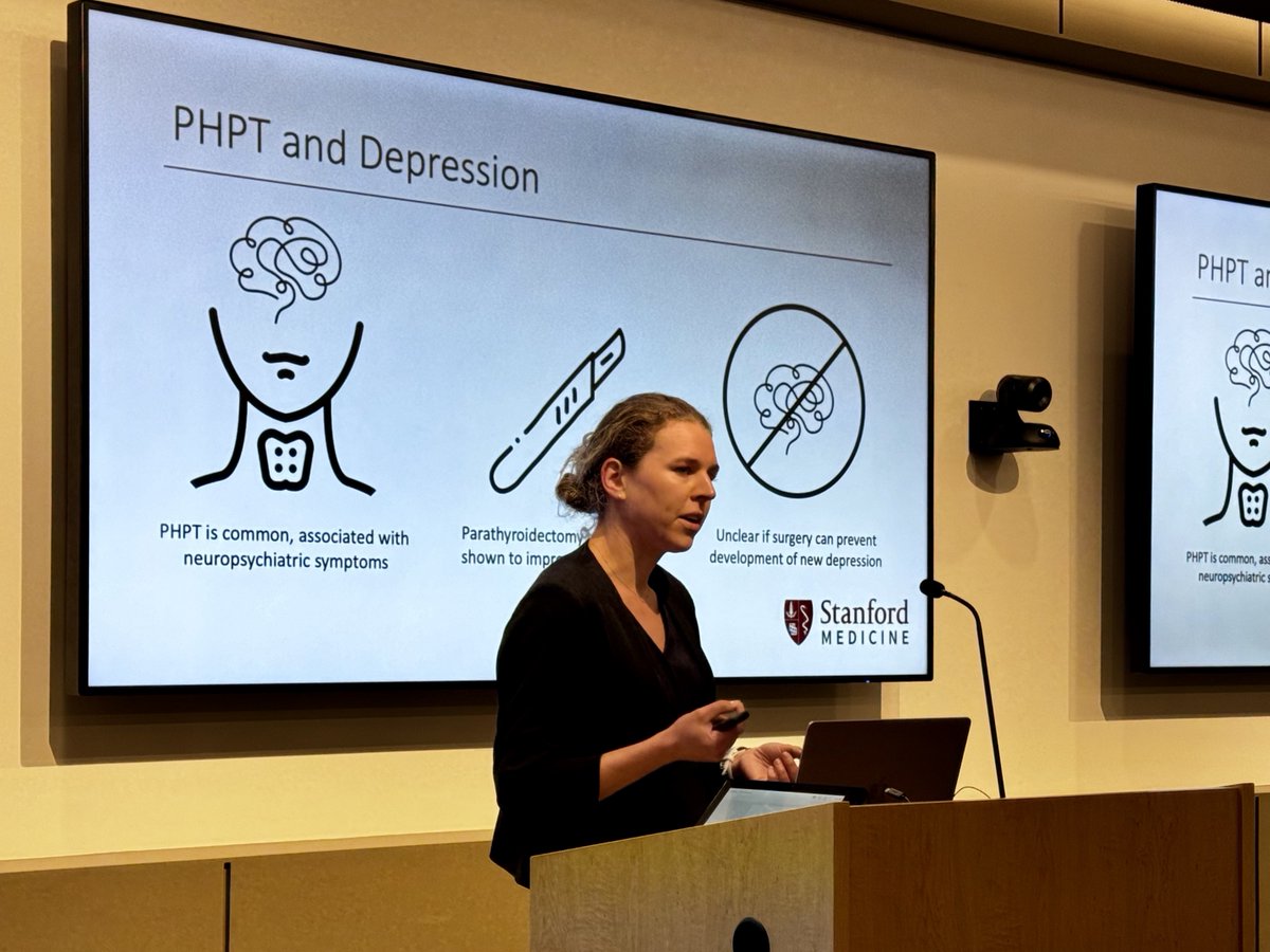 Helpful information in the treatment of primary hyperparathyroidism: @Lia_DDelaney found no difference in the incidence of new depression between those treated with early parathyroidectomy vs. non-operative management #holman24 @StanfordSPIRE @daceyseib