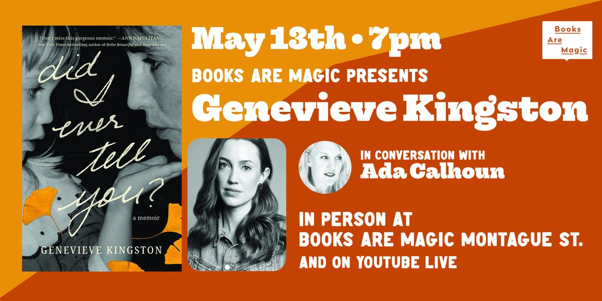 Monday 5/13 I'll be interviewing debut author #GenevieveKingston about her lovely new memoir #DidIEverTellYou at @booksaremagicbk Join us!