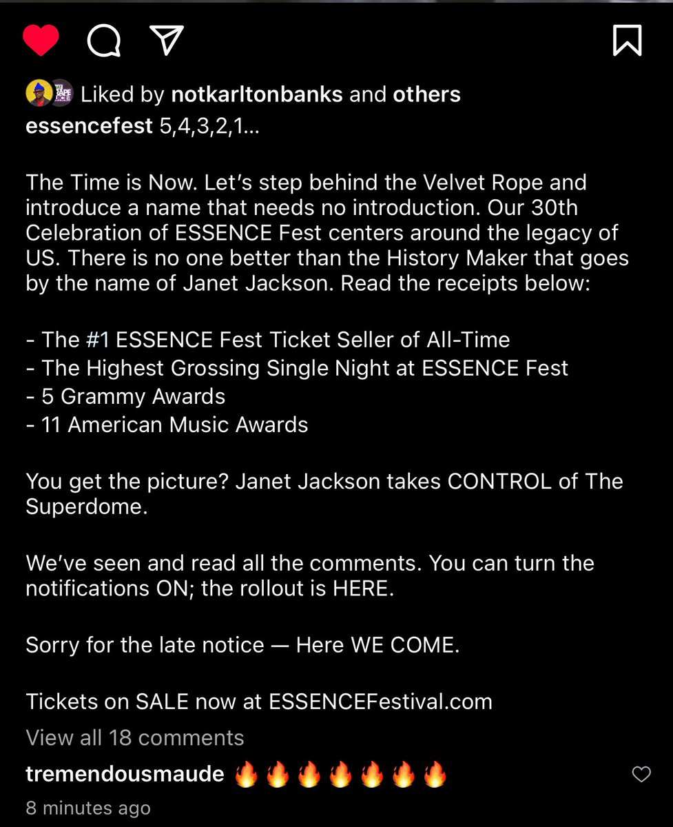 .@janetjackson Essence fest was live said Janet had the highest grossing show in their 30 year history and she back by popular demand @essencefest 🔥🔥🔥