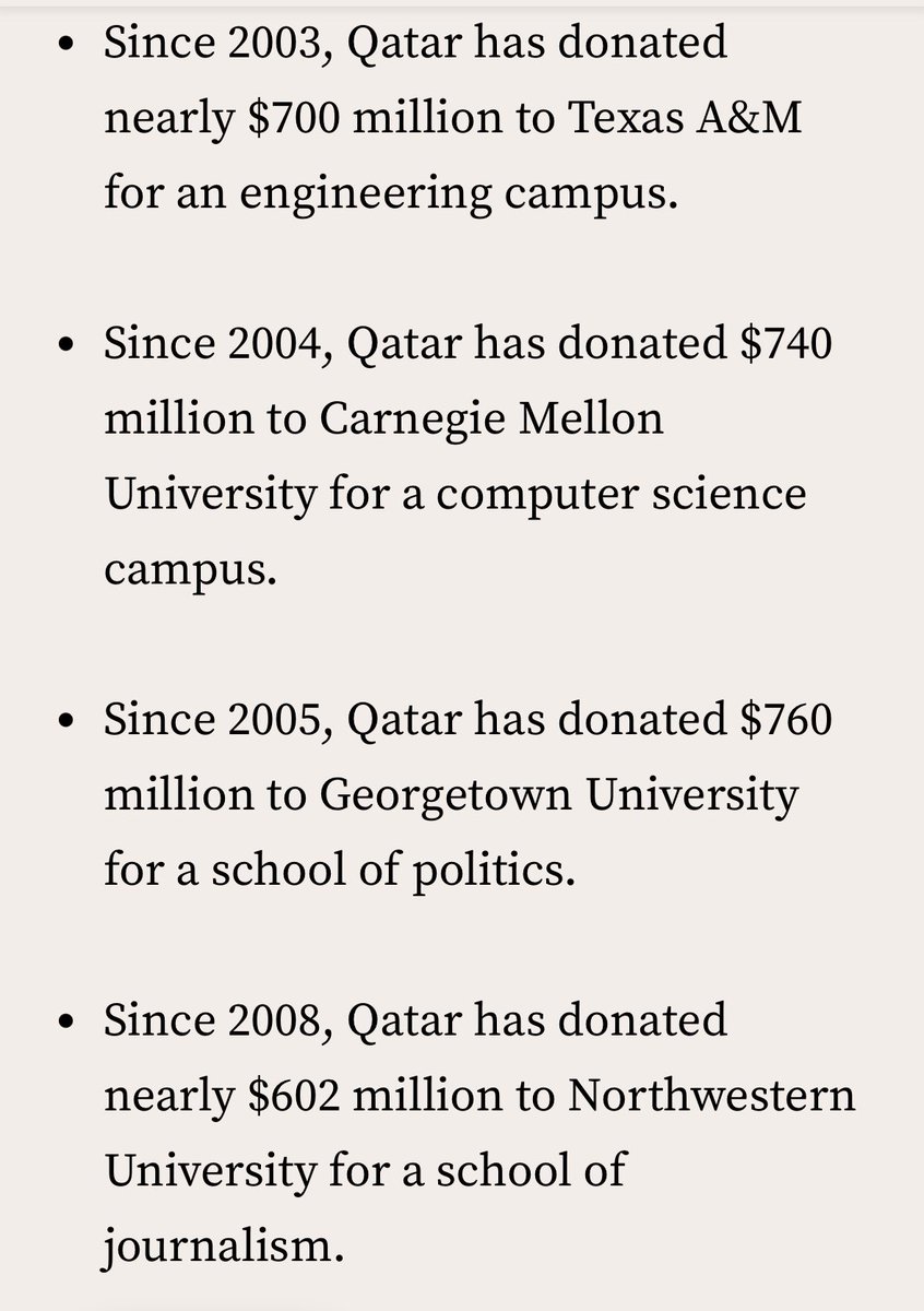 Thanks for asking. Qatar has donated over $760 million to Georgetown since 2005. They are easily the largest foreign donors for US universities. That is not disconnected from what you are seeing today.