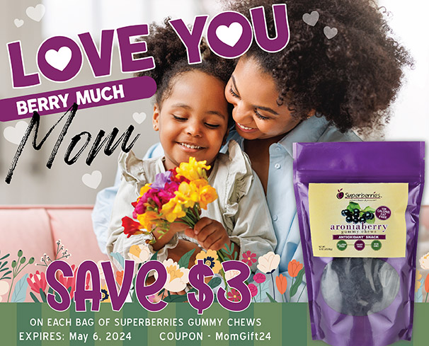Tell Mom You Love Her Berry Much with Superberries Gummy Chews. Save $3 on each 16 oz. Bag of Aroniaberry Gummies using Code: MOMGIFT24 on superberries.com. Our Aroniaberrry Gummies are made with Organic Aroniaberry Concentrate & other wholesome ingredients. #Superberries