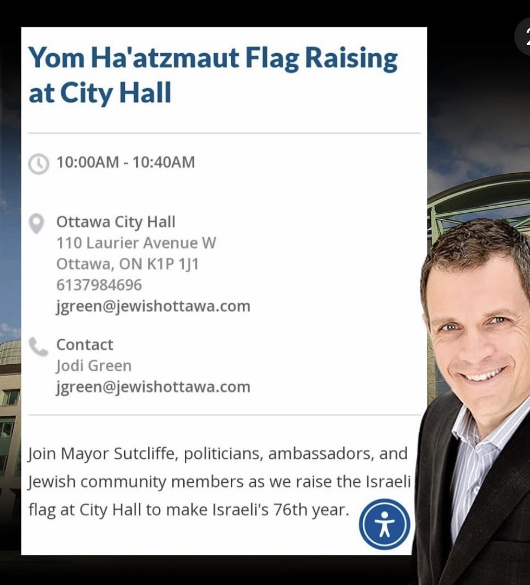 Ottawa Mayor Mark Sutcliffe is hosting an Isra3li flag raising event to mark its 76th year on 15 May - Nakba Day. This is outrageous for many reasons, deeply offensive + a crass insult to YOW's Palestinian, Muslim + Arab pop + many others. SHUT IT DOWN. Call Email etc