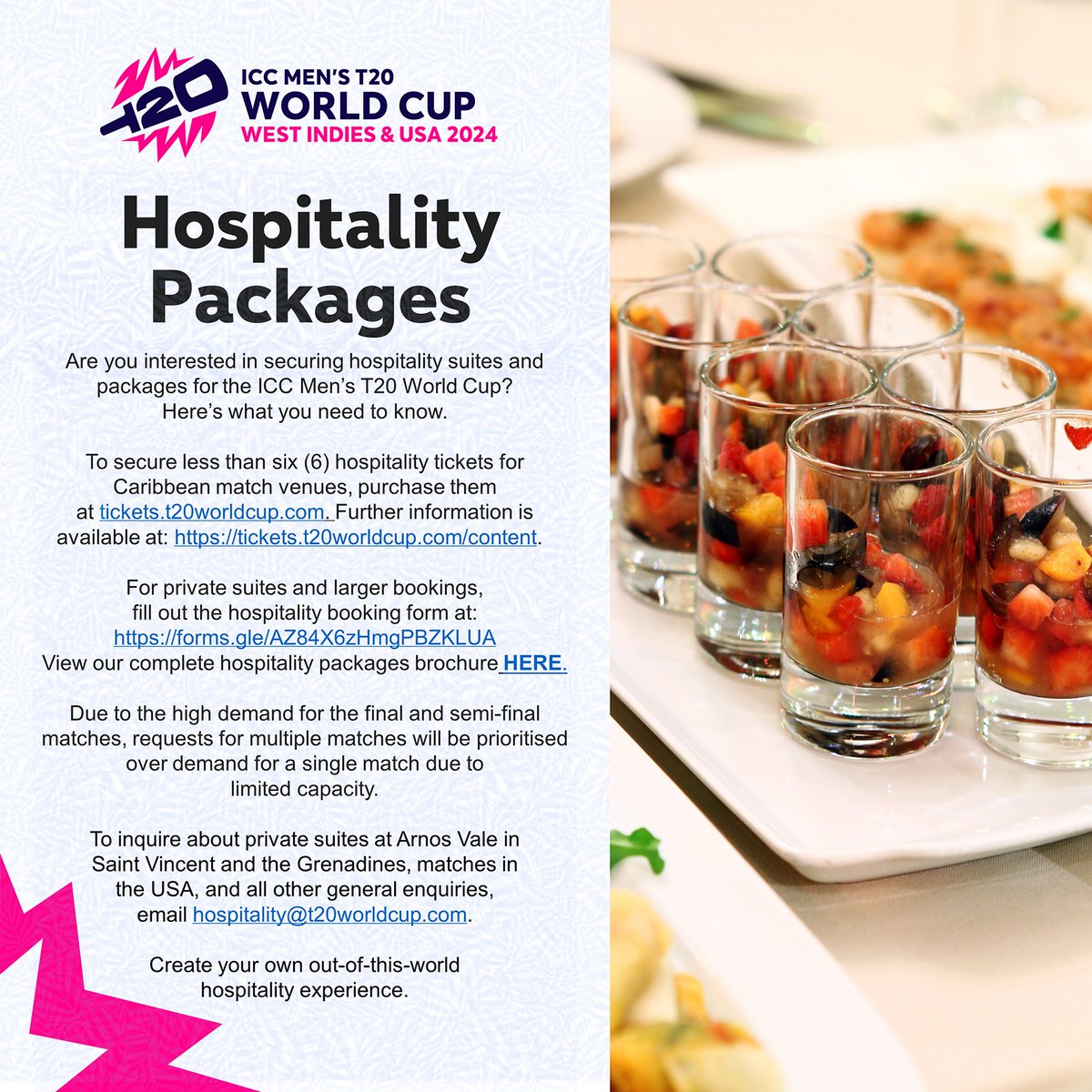 ICC Men's T20 World Cup 2024 hospitality packages on sale now! View and download our hospitality brochure HERE ▶️ bit.ly/3waEySd For general hospitality package inquiries, email us at: hospitality@t20worldcup.com #T20WorldCup #OutOfThisWorld