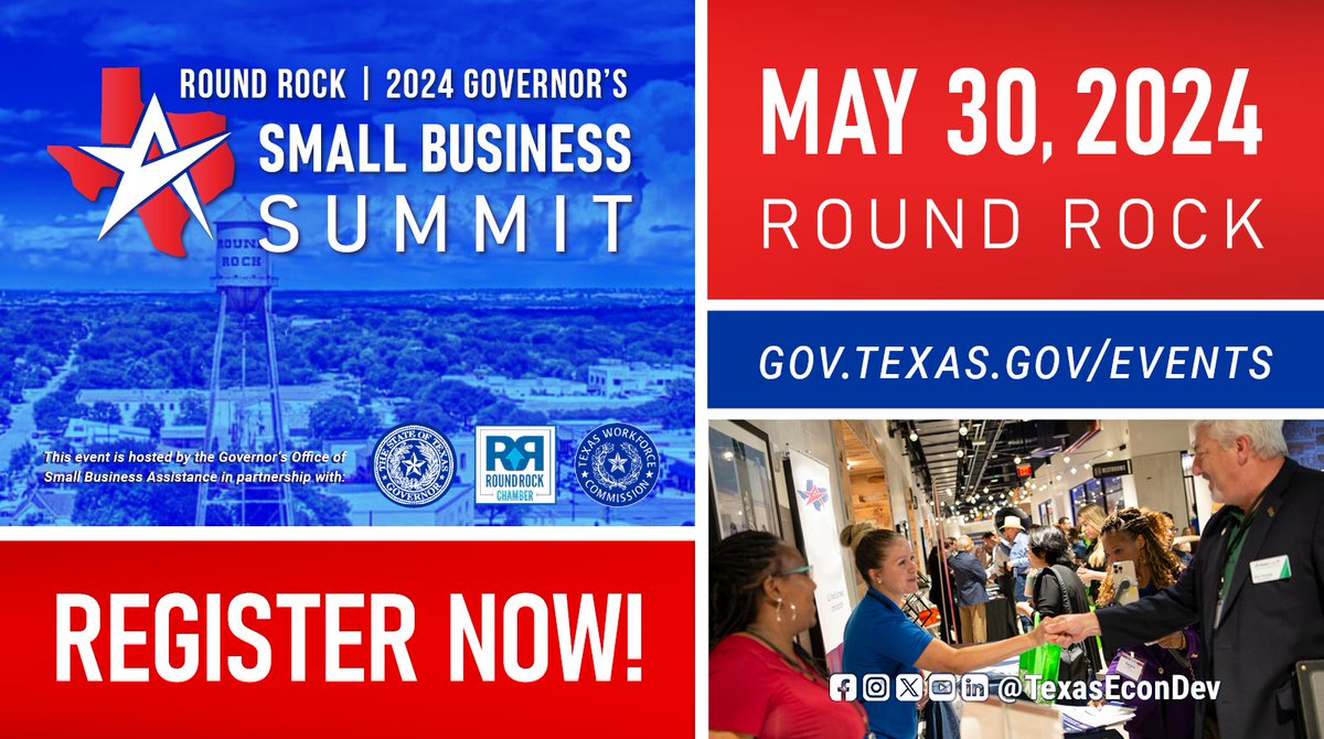 The Governor’s #SmallBusinessSummit — Round Rock is approaching fast! Network & connect with other business owners & meet experts to provide you with the tools to grow your business. Register now to secure your spot: bit.ly/4aYDr7l See you there! @RRCoC @TXWorkforce