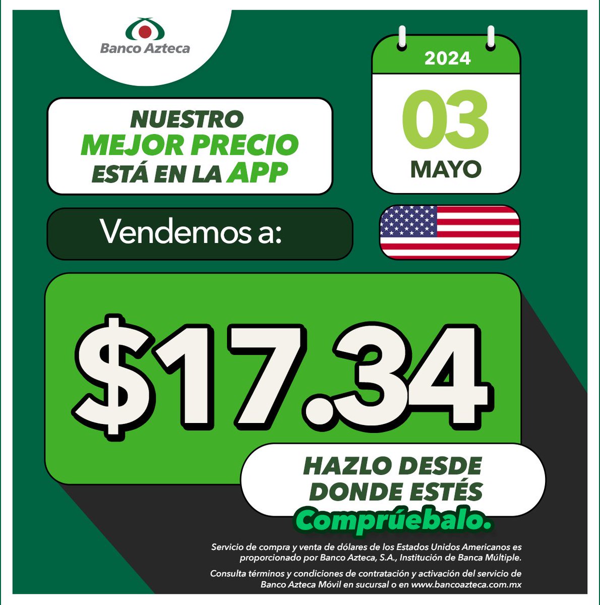 ¡Ya es viernes! 🤑 ¿Sabes qué significa? 👉🏻💰Es el mejor día para cambiar tus dólares con #BancoAzteca. Aprovecha nuestro Tipo de Cambio, consúltalo 24/7 desde la App y obtén más. ✅Es rápido, seguro y fácil.📲✨ Conoce más aquí: bancoazteca.onelink.me/ToVl/65c9578f #TipoDeCambio #Dólar…