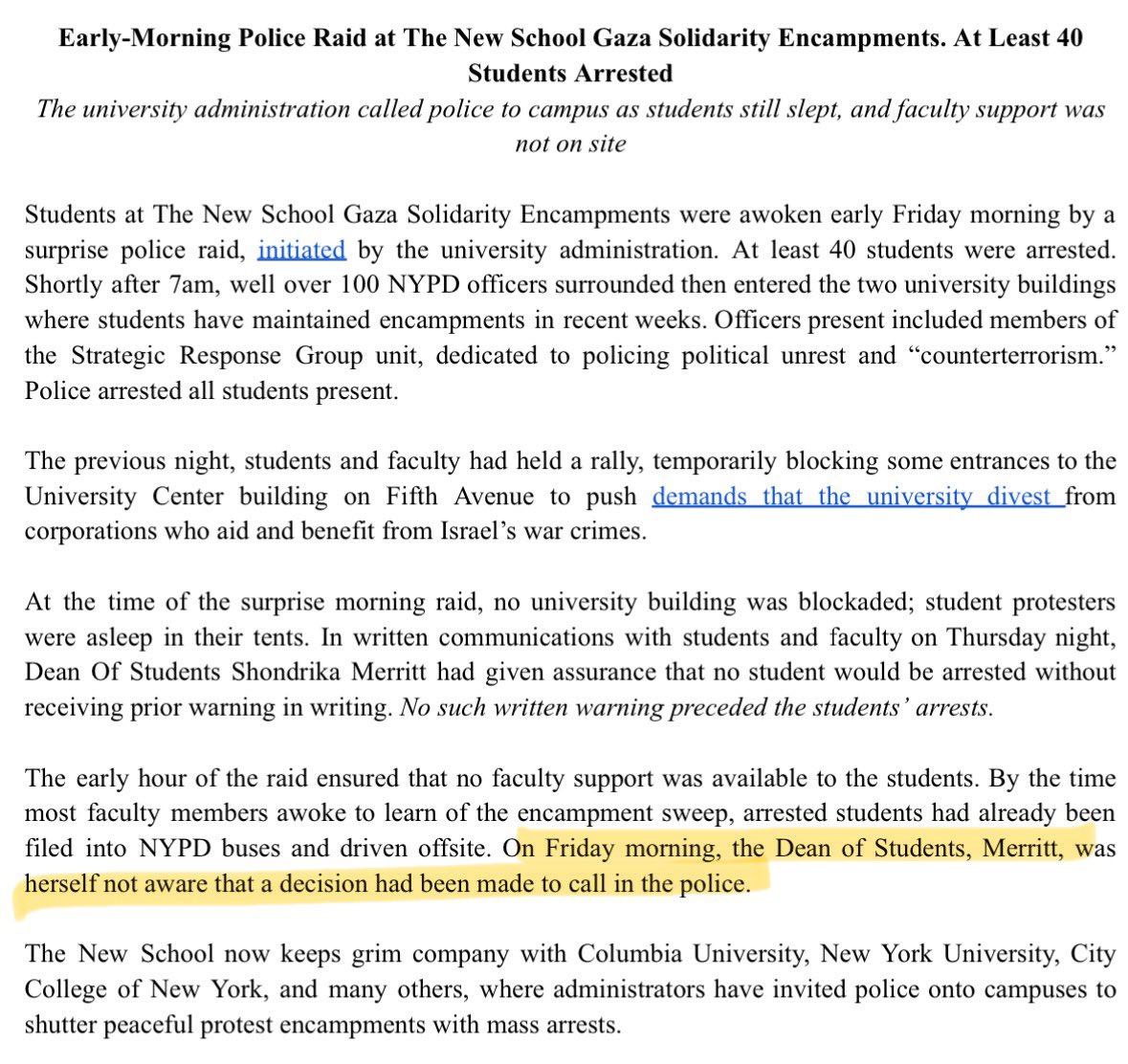 Statement from The New School SJP states that *the Dean of Students herself* had no idea consent had been given to the NYPD to raid the encampment, after previously assuring students no one would be arrested without prior *written* warning.