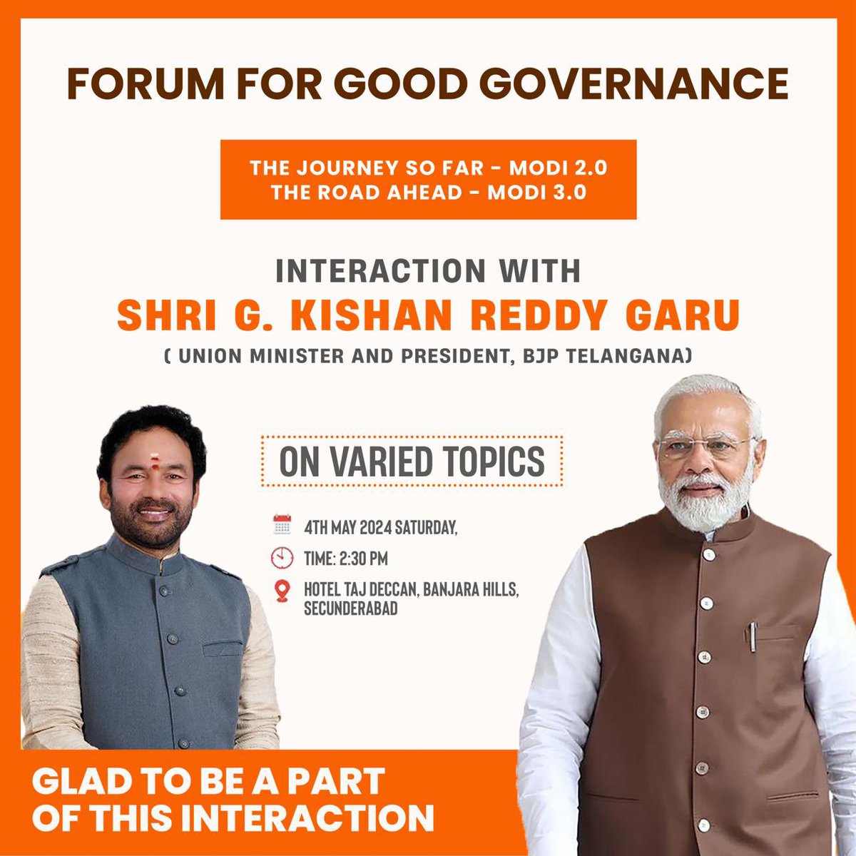 Union Minister and Telangana BJP President Shri G Kishan will interact with leading social media influencers and professionals on varied topics organised by *Forum For Good Governance* The Journey so far – Modi 2.0 The Road Ahead…