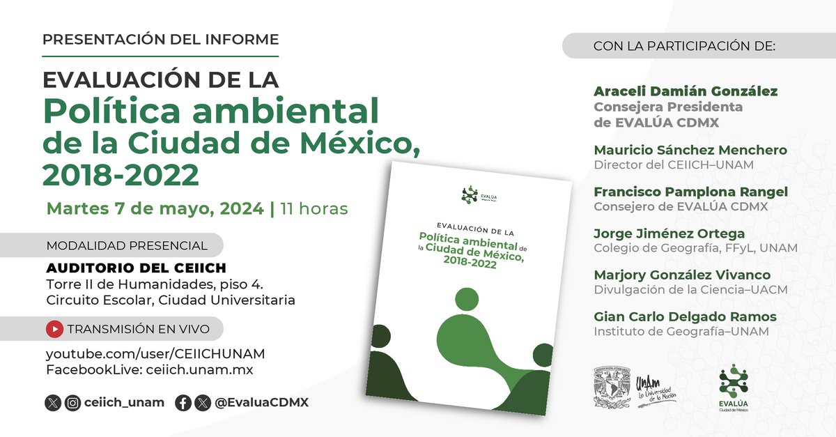 #Recuerda Tenemos una cita el próximo 🗓️ martes 7 de mayo en el 📍 Auditorio del @ceiich_unam #NoFaltes o sigue la transmisión #EnVivo 👇 youtube.com/user/CEIICHUNAM facebook.com/ceiich.unam.mx @EvaluaCDMX @_AraceliDamian @fpamplonar @tshamah1 @SEDEMA_CDMX @GobCDMX @SSaludCdMx @UNAM_MX