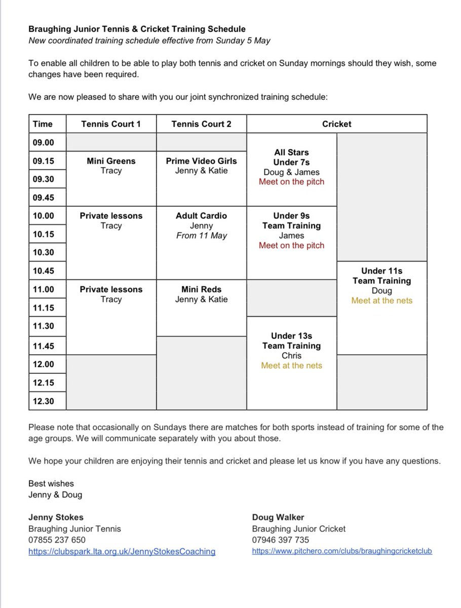 Braughing Cricket and Tennis clubs have a new coordinated junior training session schedule, both clubs have spaces for new junior players.