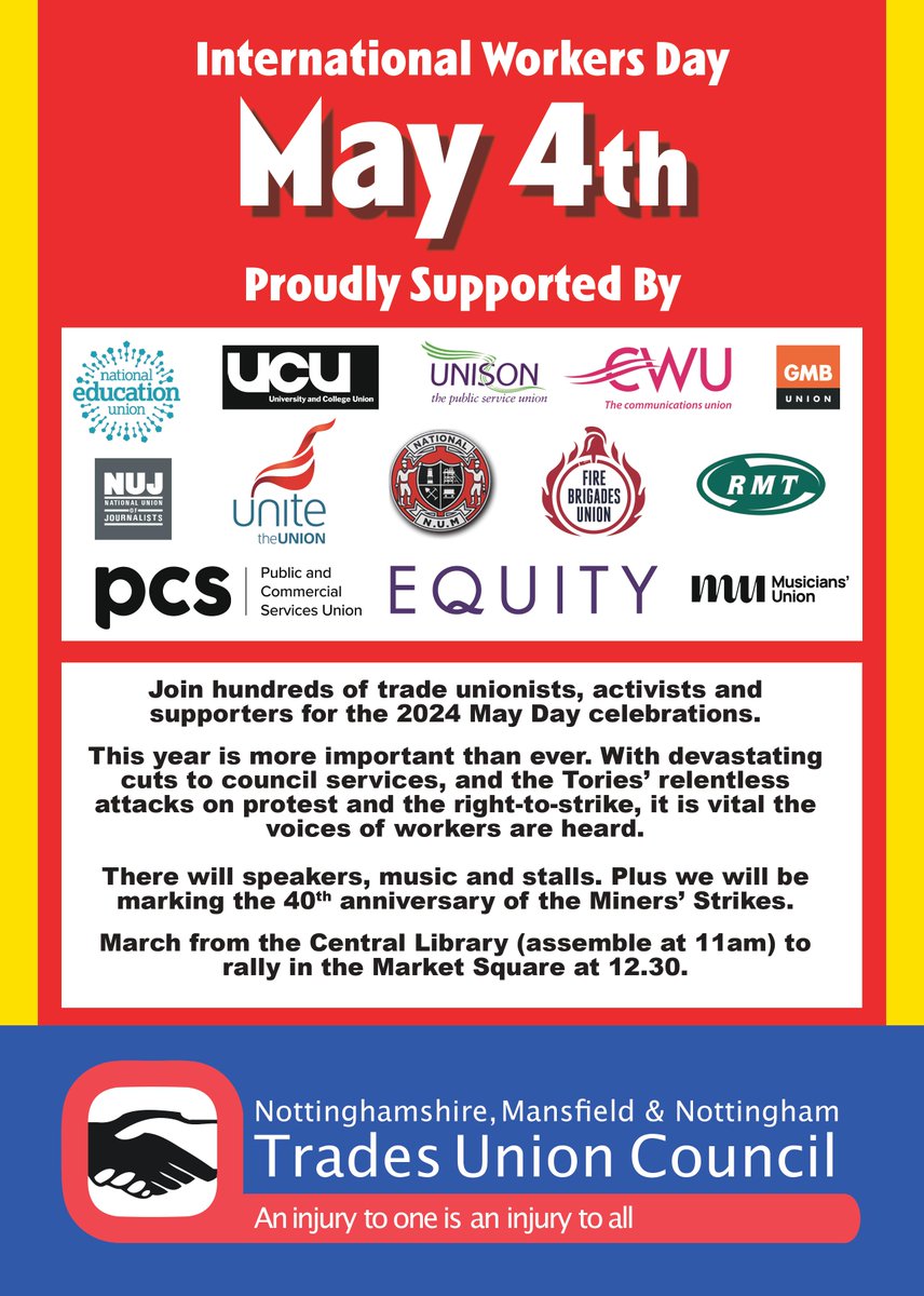 Nottingham SOS - Save Our Services #RiseLikeLions May 4th International Workers Day. Central Library 11am Rally in Market Square 12.30. <a href="/EquityUK/">Equity</a>