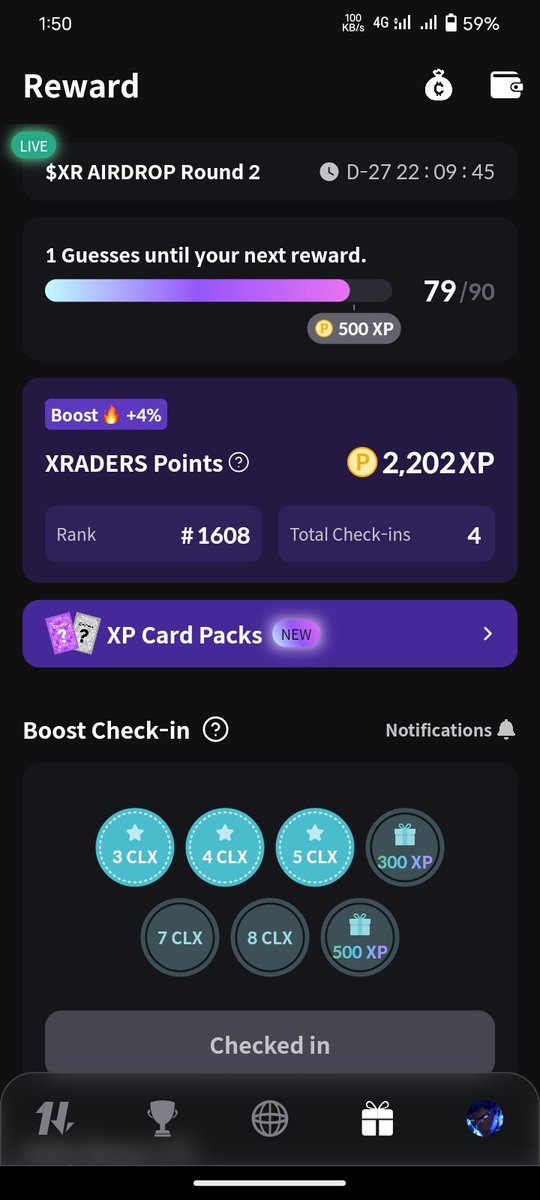 EmptyX69's tweet photo. Date - 5.4         check in done ✅ 
My username - anthony16
@xraders_xyz 

#XREarlybirdAirdropR2 #BoostCheckinW1 #Coinlive #Guess2Earn https://t.co/fZmWwRr2ld