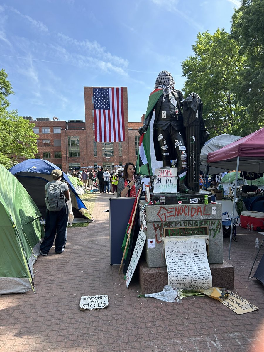 A picture is worth 1,000 words.

Patriotic students hung up an American Flag at George Washington University after pro-Palestine protesters trashed the campus, defaced the statue of George Washington, and removed an American Flag.

This needs to be used in every campaign ad until…