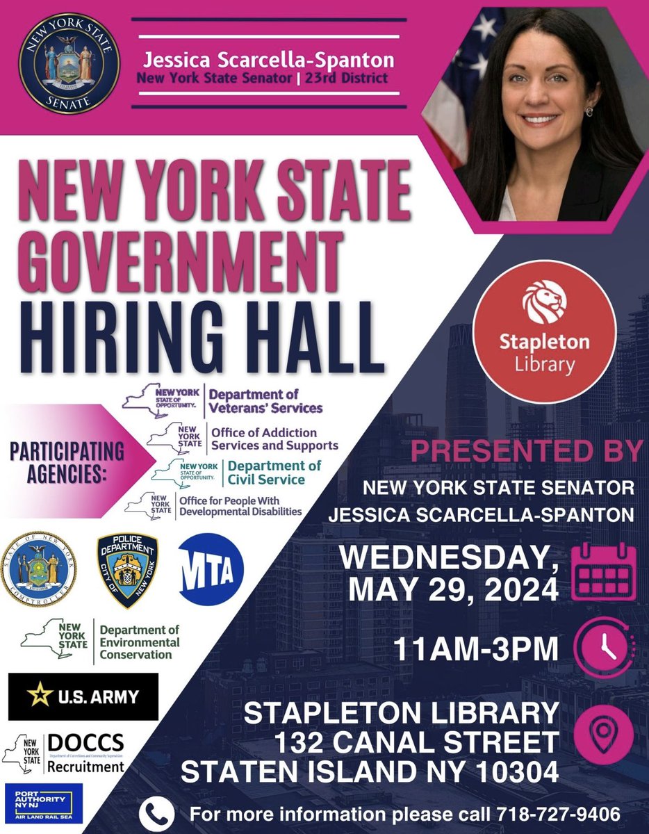 We’re excited to bring together the resources and opportunities from multiple state agencies to the New York State Government Hiring Hall! Join us at Stapleton Library on May 29th to discover exciting job prospects within the State of New York.