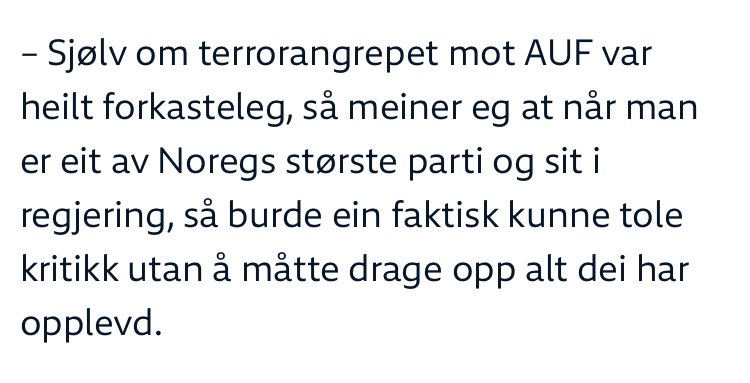 Helt historieløst av Rød Ungdom å først kalle Støre terrorist, og SÅ si at @astridwilla drar «utøya-kortet». Har vi virkelig ikke lært noen ting de siste (snart) 13 årene? Og attpåtil fra en leder av en ungdomsorganisasjon. Hvor ble det av solidariteten med AUF?