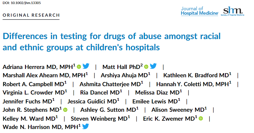 🚨 New study shows differences in rates of drug testing for Black and White children at US hospitals. This should not be ignored! #Pediatrics #healthdisparities🧒 👧
🔗:…mpublications.onlinelibrary.wiley.com/doi/full/10.10…
✍️: @UNCChildren's @AdrianaHerreraMD  @WadeNHarrisonMD @MattHall