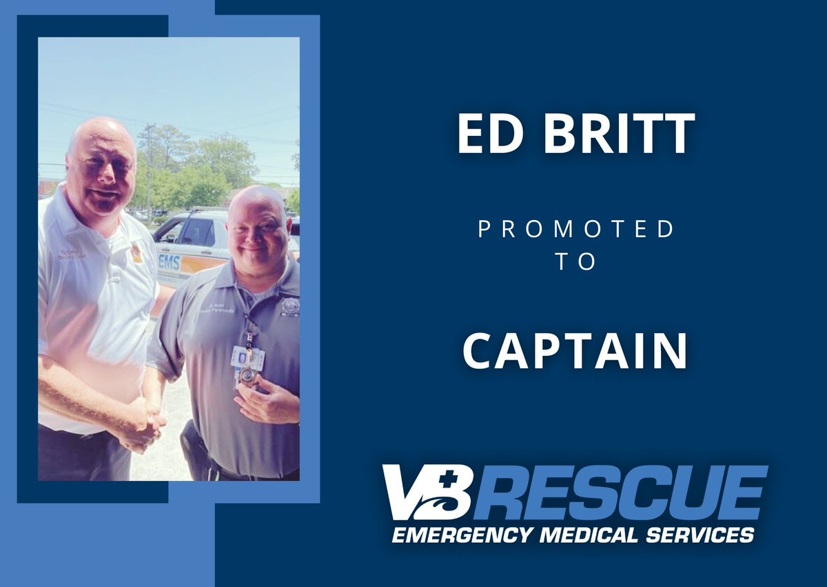 Congrats to Senior Paramedic Ed Britt on being promoted to Captain, effective May 9. Ed has dedicated over 25 years of service with VB EMS. He has served as a volunteer w/ Rescue 14 & Rescue 1. Ed is 1 of the original career paramedics hired by the City in 2004. #ems #vbrescue