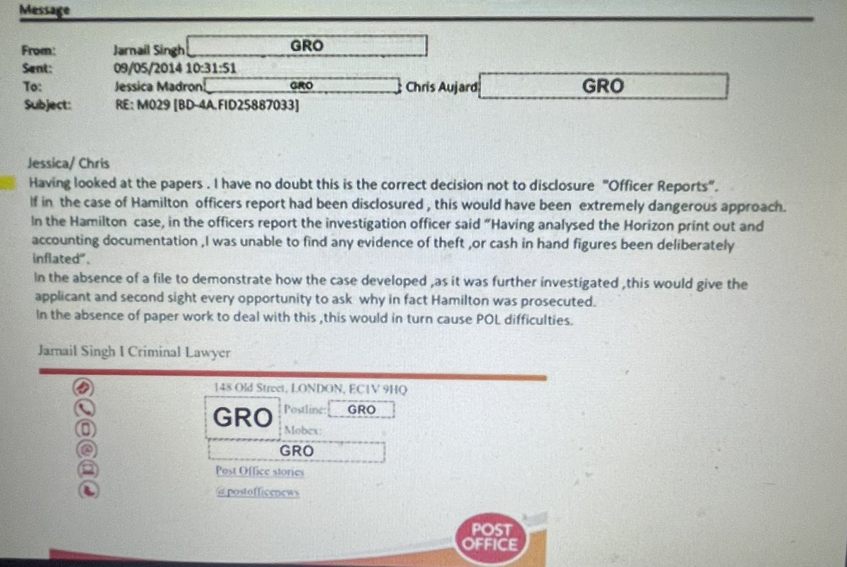 #PostOfficeScandal In an email Jarnail Singh sent to both Chris Aujard & Jessica Madron regarding disclosure relating to the case of @JoHamil73963257 Having looked at the papers, I have no doubt this is the correct decision not to disclosure (disclosure - he can’t spell)…