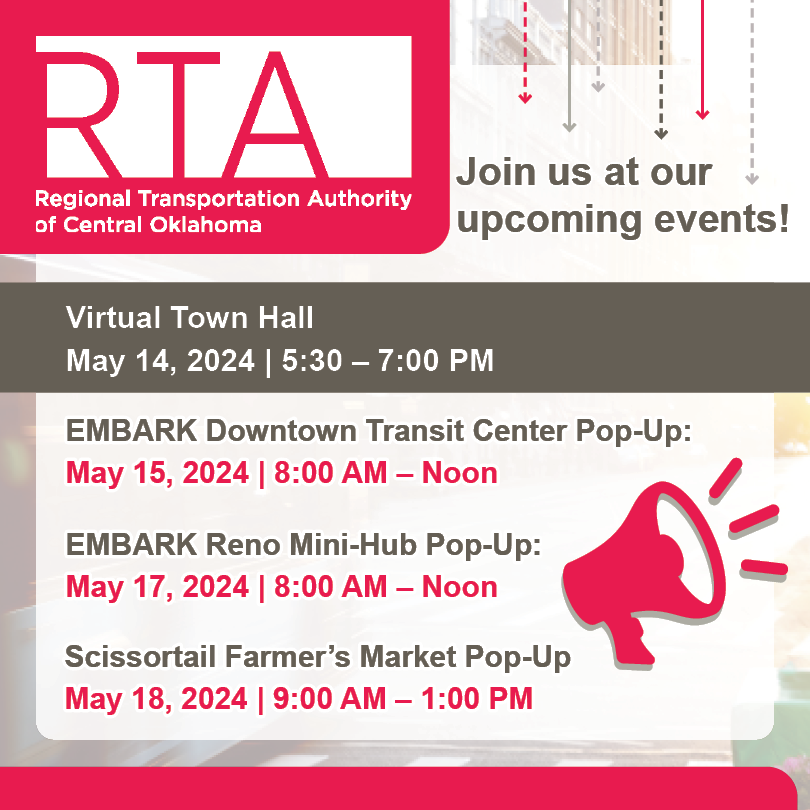 Connect with the RTA this month at our Virtual Town Hall or one of our pop-up events around town! Visit RTAMoves.com for more information on where you can find us.