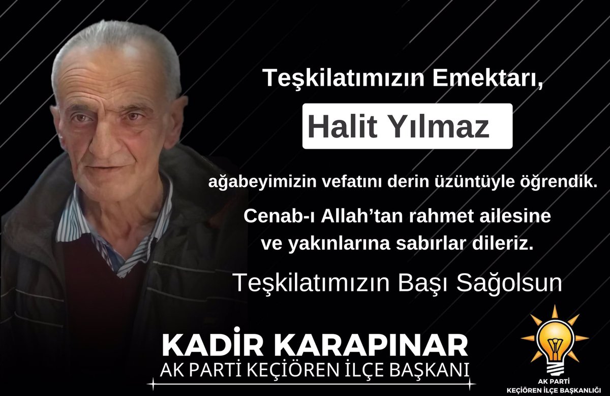 Teşkilatımızın Emektarı Halit Yılmaz ağabeyimizin vefatını derin üzüntüyle öğrendik. Cenab-ı Allah’tan rahmet ailesine ve yakınlarına sabırlar dileriz. Teşkilatımızın Başı Sağolsun @RTErdogan @hakanhanozcan @AkpartiAnkara @AKadirkarapinar