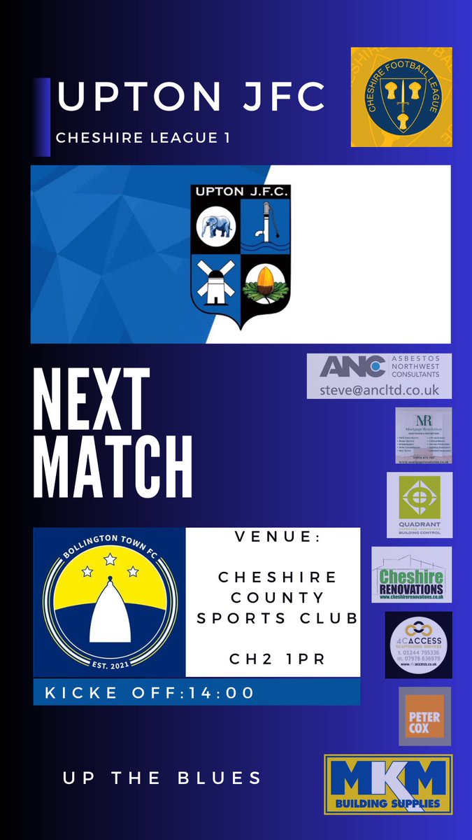 🔵⚫️⚪️ Upton JFC Blues 🆚 @BollingtonTown ⚽️ @CheshireFL 🏟️ @CheshireThe 📅 04/05/2024 ⏰ 14:00 Penultimate league game for the lads as we look to take home all three points. Any support is always appreciated 👍🏻