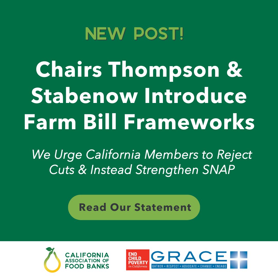 Check out our latest post! 🚜 New #FarmBill frameworks from Rep. Thompson & Sen. Stabenow could reshape SNAP. We urge CA Members to reject cuts and #StrengthenSNAP 🍽️ Read our statement: cafoodbanks.org/farm-bill-fram… #EndHunger @EndChildPovCA