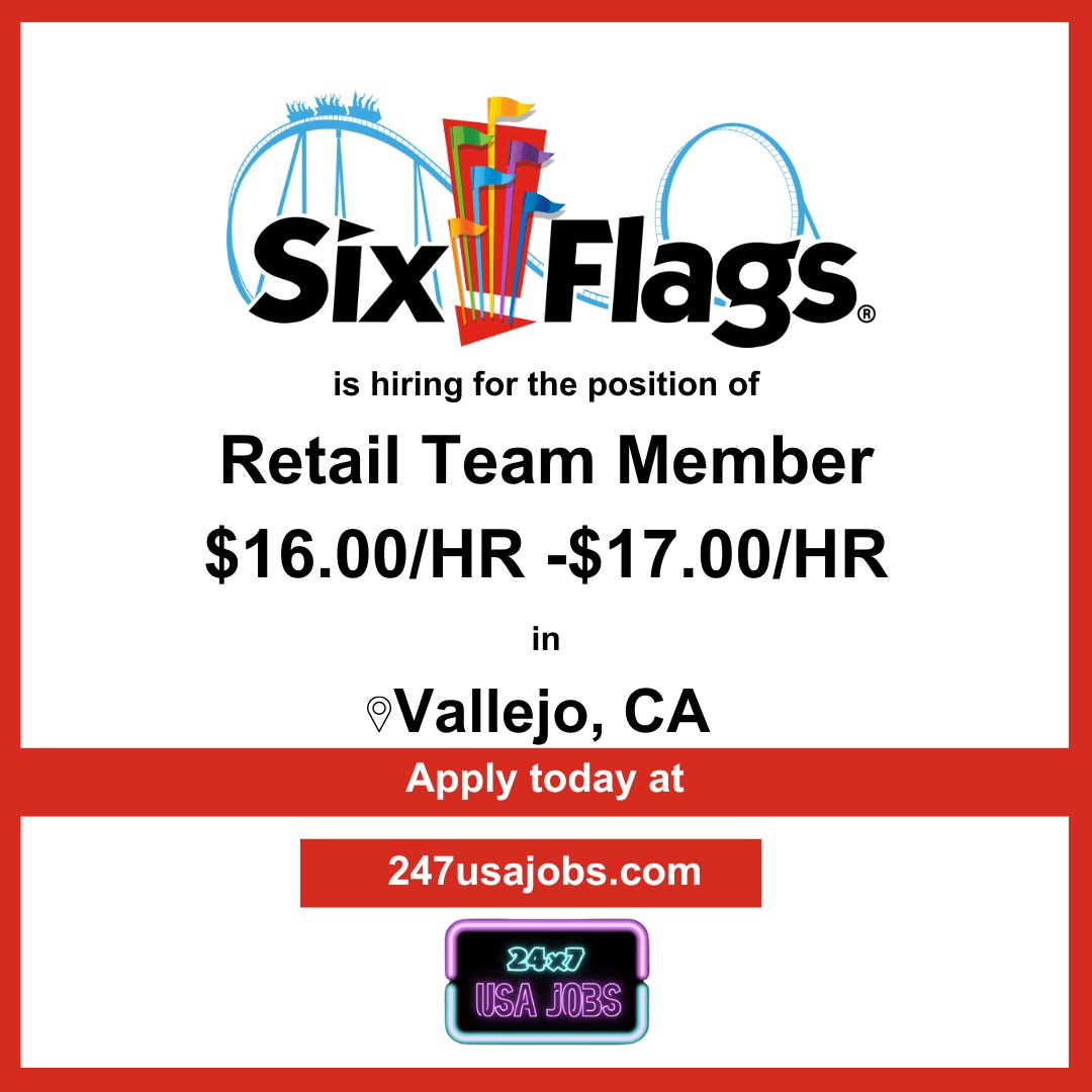 🎉 Ready for an exciting opportunity? Six Flags in Vallejo, CA is hiring Retail Team Members! 🎢 Earn competitive pay while creating unforgettable experiences for our guests. Apply today and be part of the thrill! #RetailTeamMember #SixFlags #VallejoCA