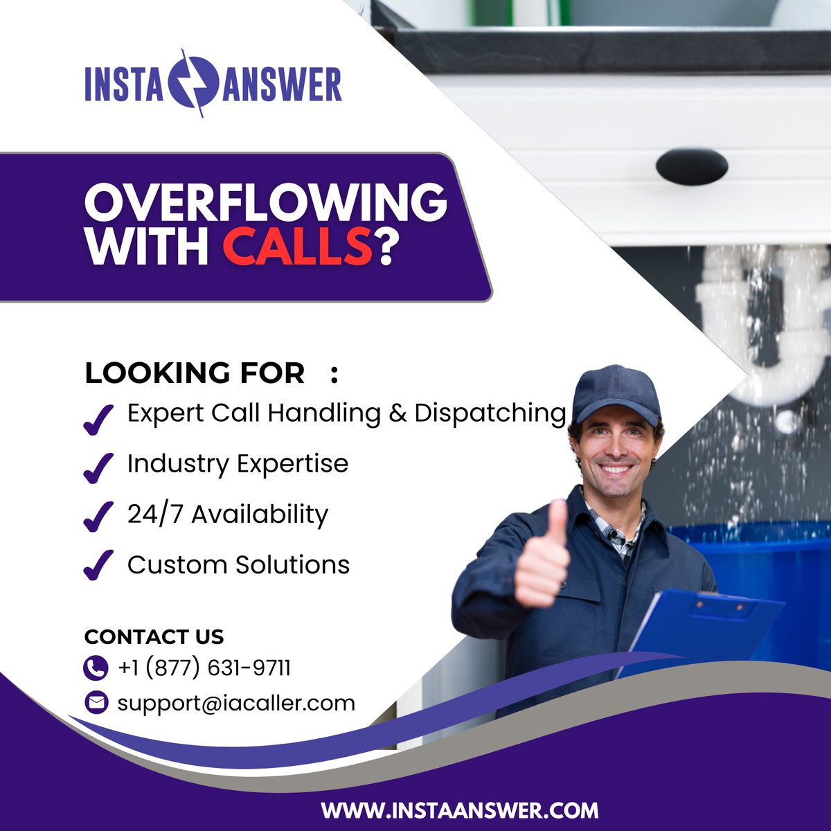 Don't let calls clog your day! We'll keep your lines clear so you can focus on fixing those pipes.

Call (877) 631-9711 or email support@iacaller.com to keep your business running smoothly!

#InstaAnswer #CustomerSupport #Plumberlife #CustomerService #Plumbing #CustomerSuccess