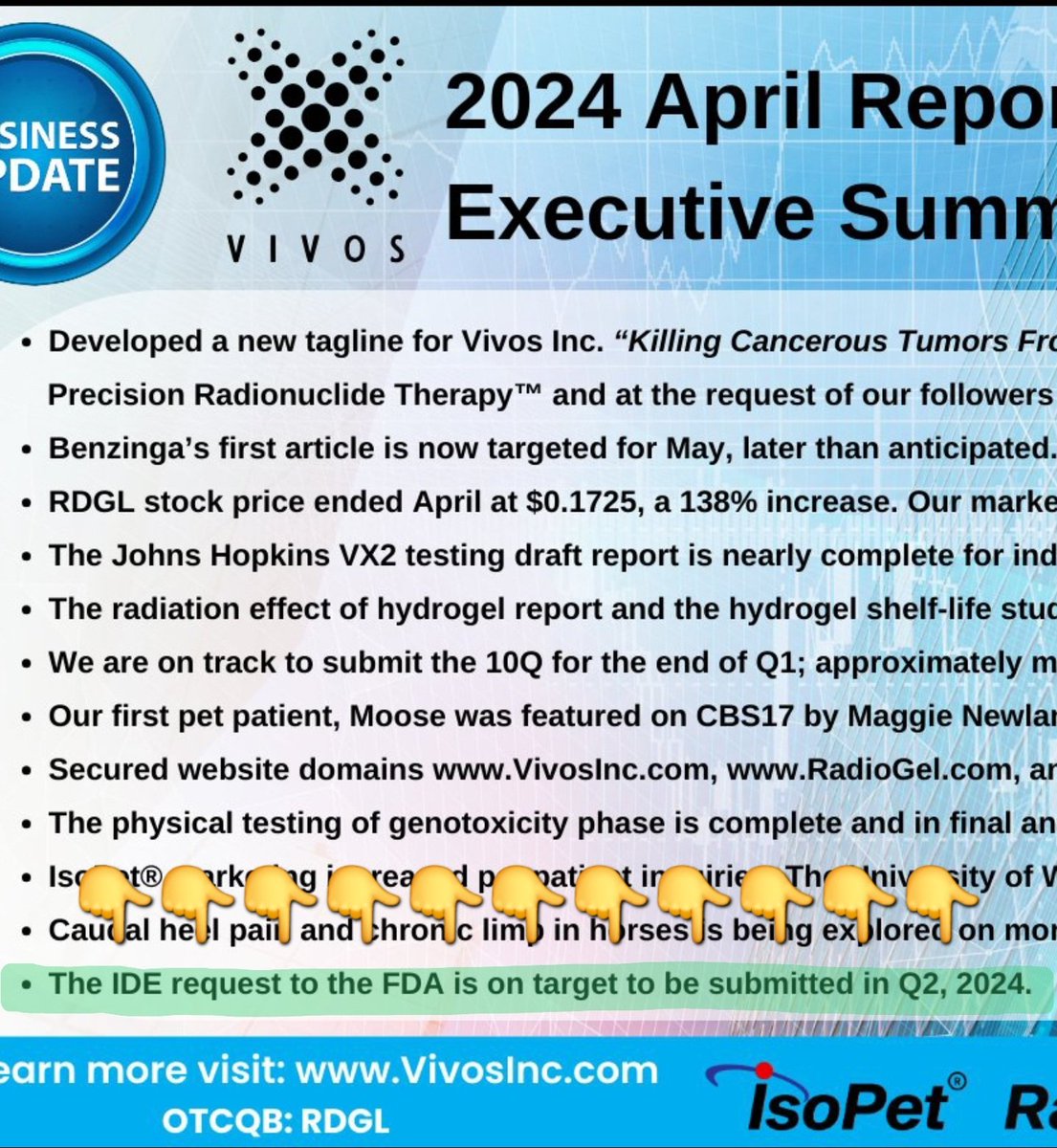 IBHenryJ's tweet image. $RDGL still on track. Never left the track. We&apos;re still in Q2 and that&apos;s on track. Let&apos;s see what @VivosIncUSA
got to say 👀
&quot;The IDE request to the FDA is on target to be submitted in Q2, 2024.&quot;
👉👉YEP STILL ON TRACK ‼️👈👈
#IYKYK #LoadingZone #FDA #IDE #HumansNext #FuckCancer