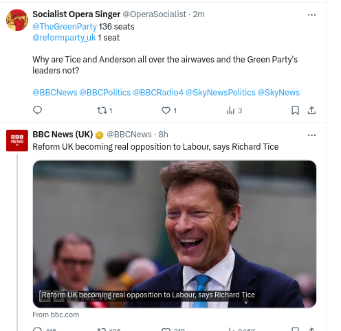 Look at these two tweets one after the other on my timeline. Genuine question @BBCNews , as @OperaSocialist points out the disparity in seats won,  why DO you platform Richard Tice constantly and not the Greens? 
We would all like to know.