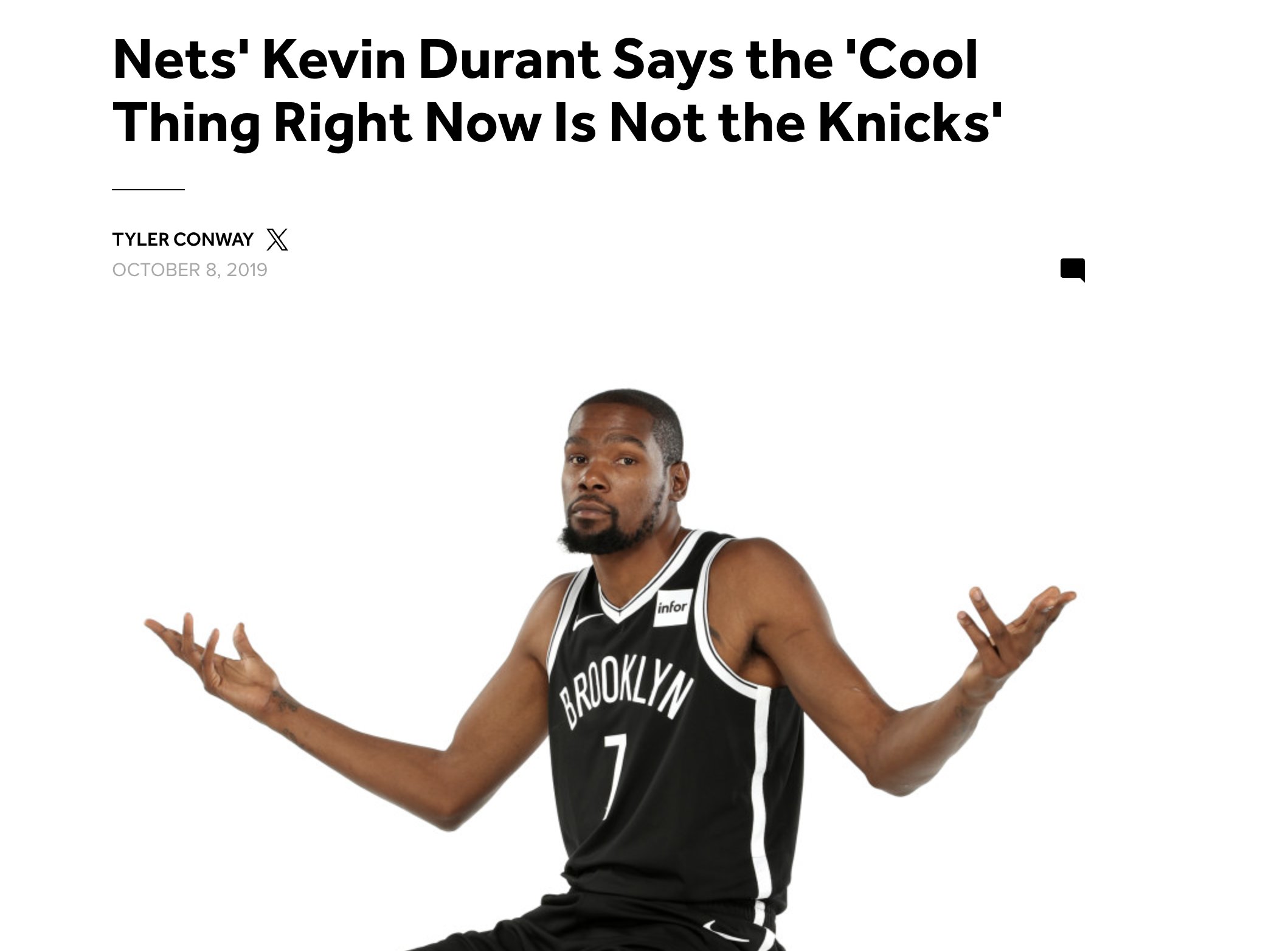 Tommy Beer on X In October of 2019 Kevin Durant said the Knicks were not the cool thing and not as cool as the Nets. Total number of playoff victories since KD