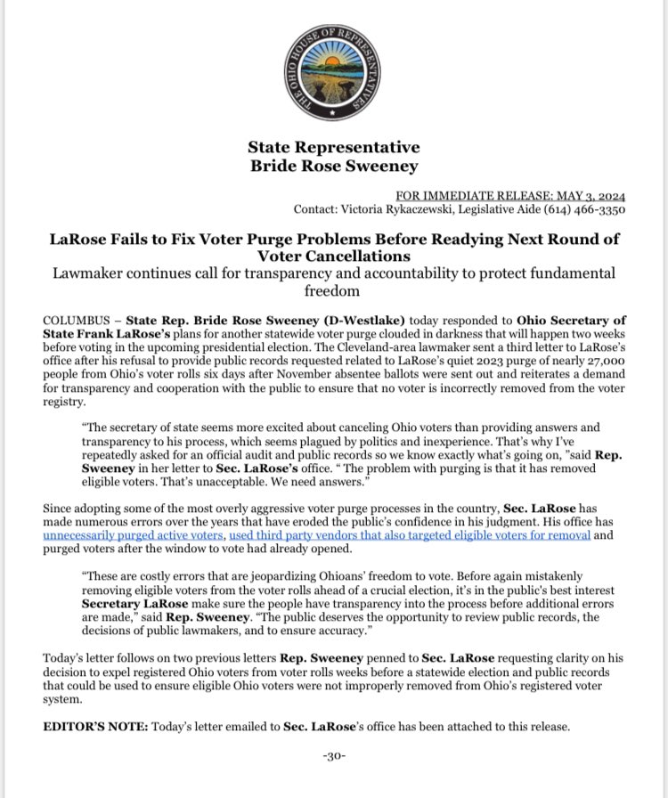 SoS LaRose has repeatedly refused to ensure Ohio voters who are ELIGIBLE to vote are not included in his haphazard, last-minute voter purges. We know that mistakes have been made in the past—If LaRose got it wrong then, why are we supposed to trust that he’s got it right now?