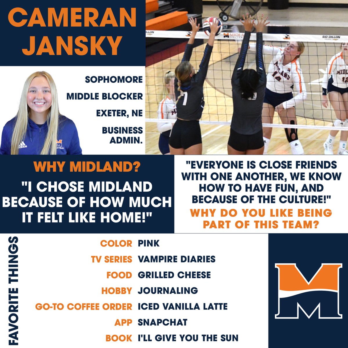 🌟 Warrior Spotlight 🌟 Get to know sophomore middle blocker Cameran Jansky! Cam joined our program last fall after competing on the track and field team as a freshman.