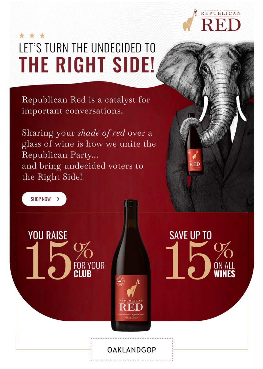 Get ready to celebrate with Republican Red Winery.  We will have a monumental toast when the red wave makes landfall this November.  

Shop today using the code: OAKLANDGOP at RepublicanRED.com.  

@republicanredwine
#RepublicanRED #RepublicanWine #GOP  #RedWave #VoteRed