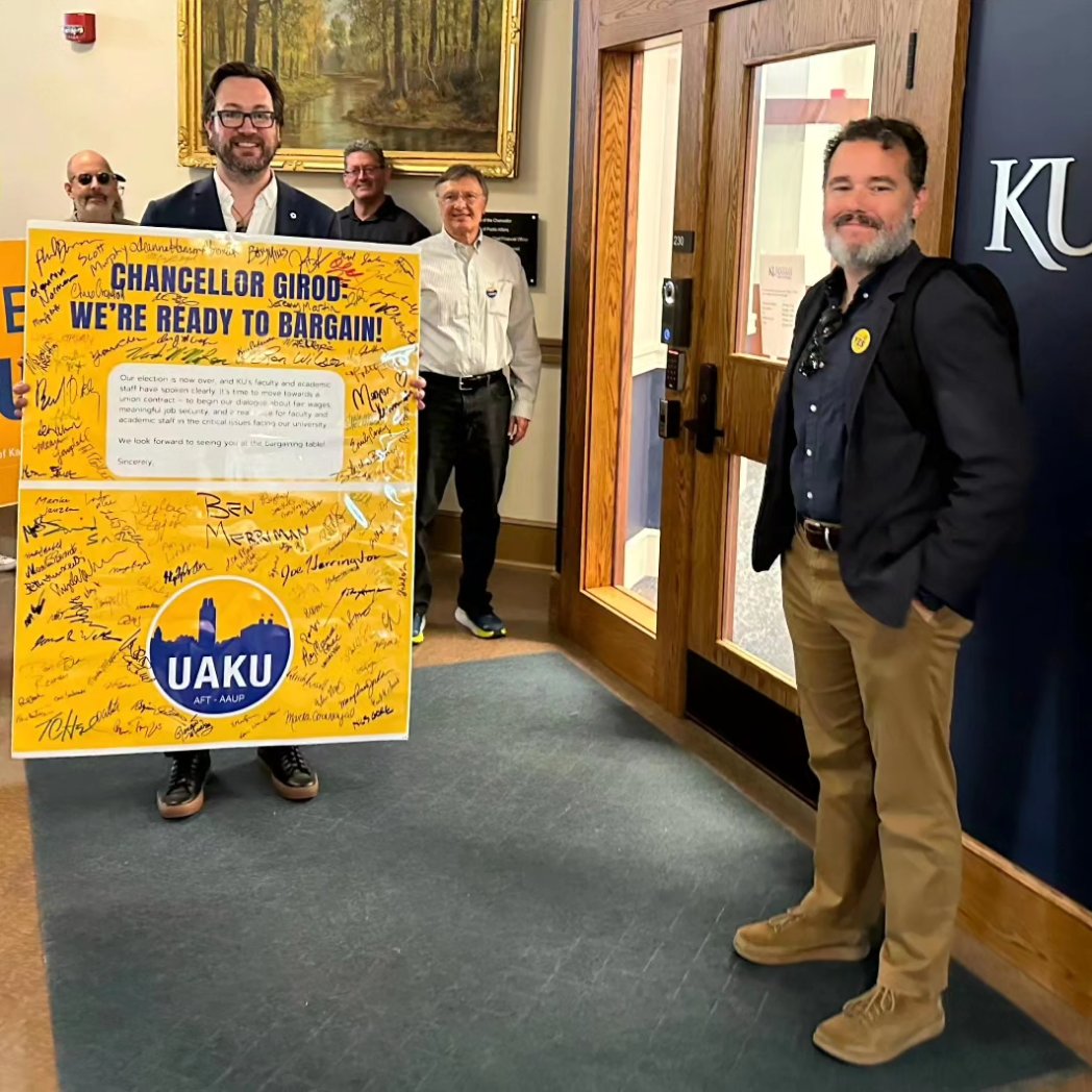 Today UAKU members proudly marched to KU Chancellor Girod's office to formally submit our Demand to Bargain our first contract as a union. We’re ready to get to work making KU a better place to teach, study, and perform research! #WeAreUAKU @AFTHigherEd @AFTunion @AAUP