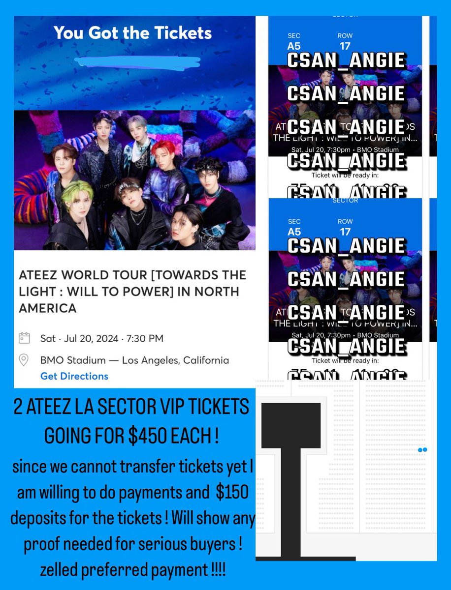 wts two ateez la sector vip tickets ! each being $450 ! 
•
•
•
•
#wtsateez #wtbateez #ateeztour #ateezla #ATEEZtickets #Ateezworldtour