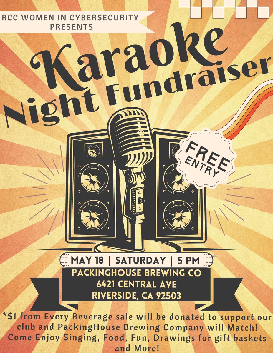 Join us  for a night of karaoke fun at Packinghouse Brewing Co.! Support RCC's  Women in Cybersecurity Club at our fundraiser packed with delicious  food, great music, and tons of fun for the whole family (including furry  friends) Don't miss out on this awesome event! #WiCyS