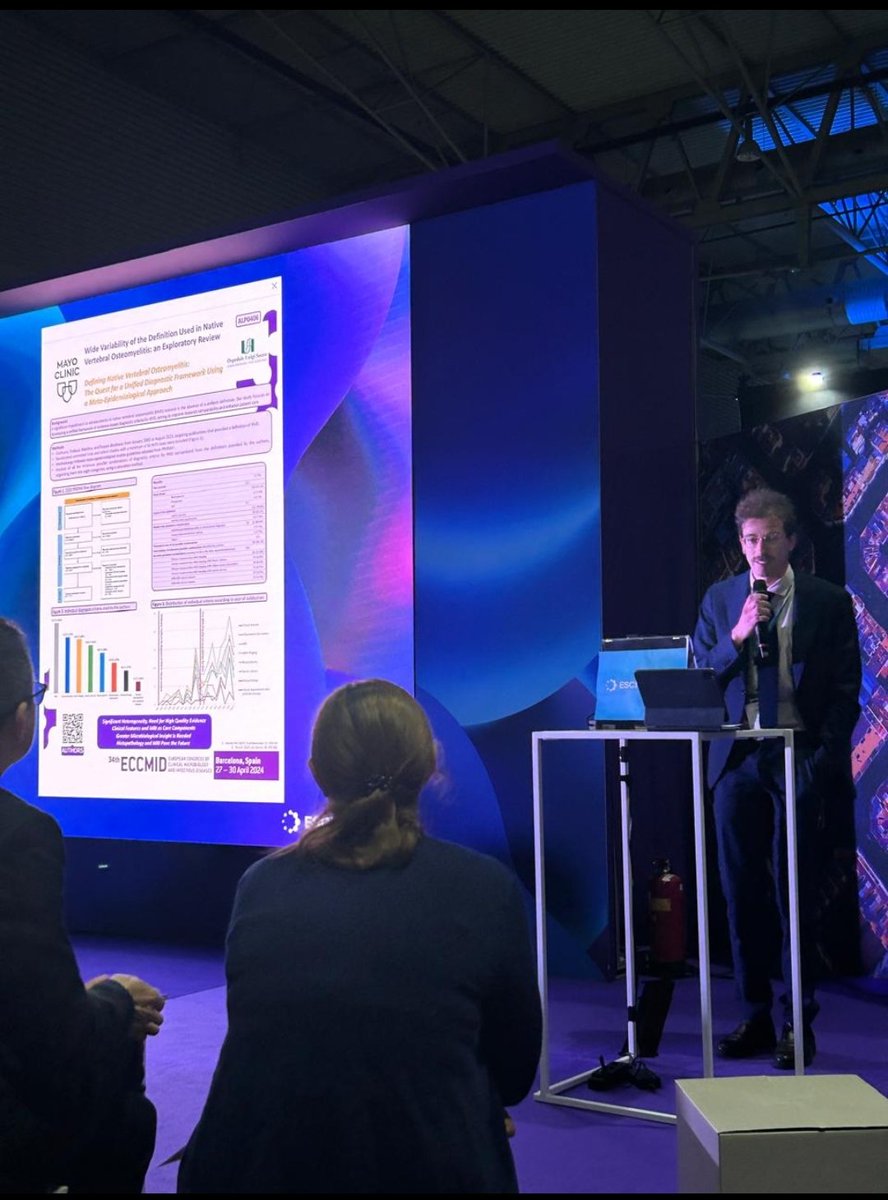 Proud of my talk on the need for a consensus on the definition of Native Vertebral Osteomyelitis at the recent #ESCMIDGlobal2024 in Barcelona! It would not have been possible without our great team at @MayoClinicINFD with Dr. Berbari, @SaidElZein2 and @Omar_Mhmud.