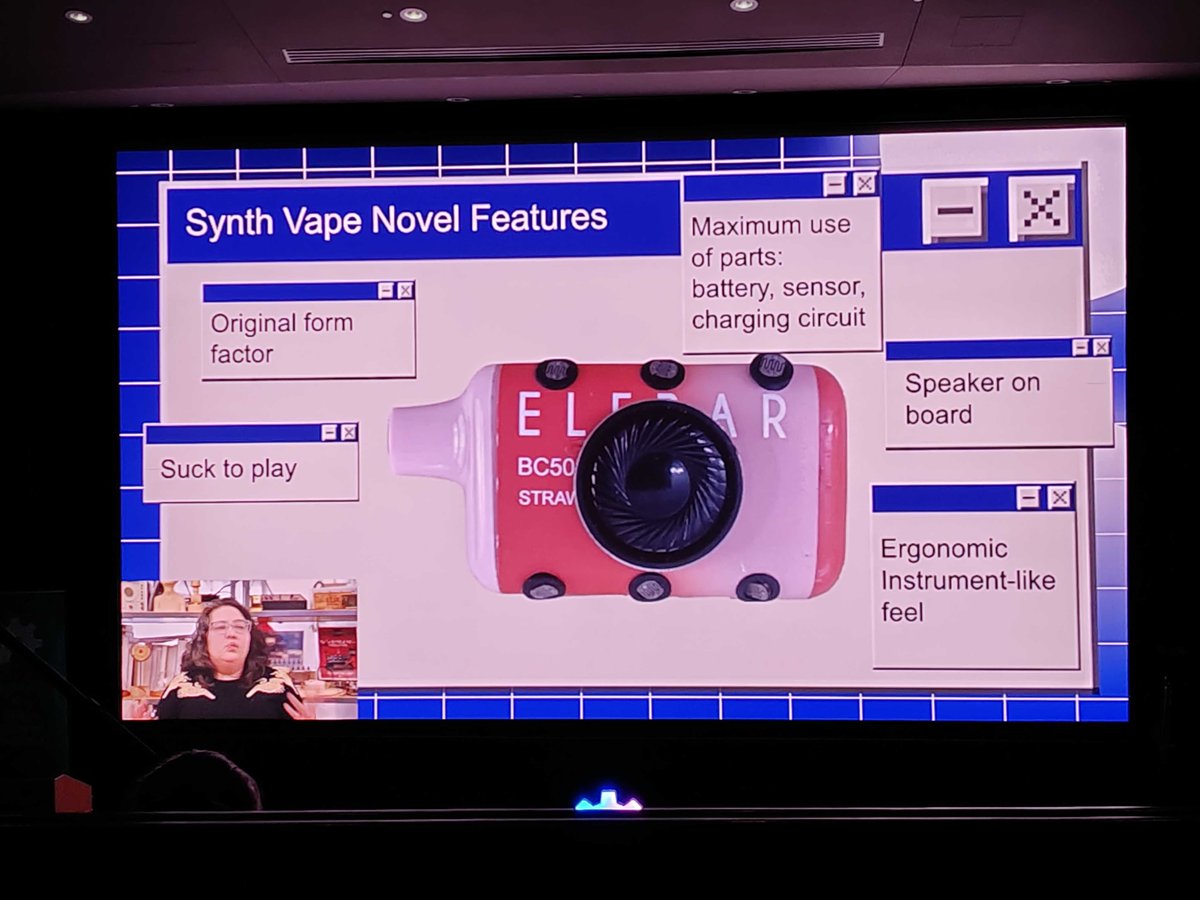 Hacksterio's tweet photo. .@Ikyotochan, David Rios, Shuang Cai, and @bekathwia show how you can repurpose disposable vape batteries for projects like an electronic wind instrument. This session really blew us away! (No pun intended.) #OHS2024 https://t.co/iItculH5JA