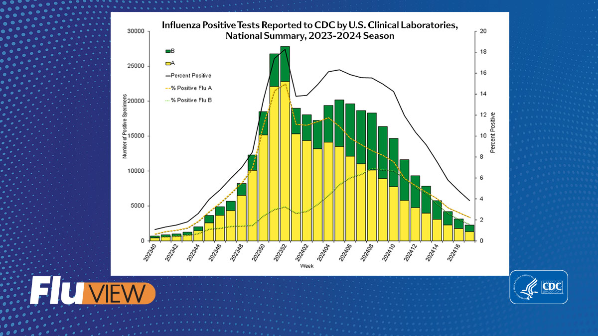 This week’s #FluView shows seasonal #flu activity continues to decline in most of the country. Almost 4% of respiratory samples tested in clinical labs are positive for flu. Read the full #FluView report: bit.ly/3y3ILYp