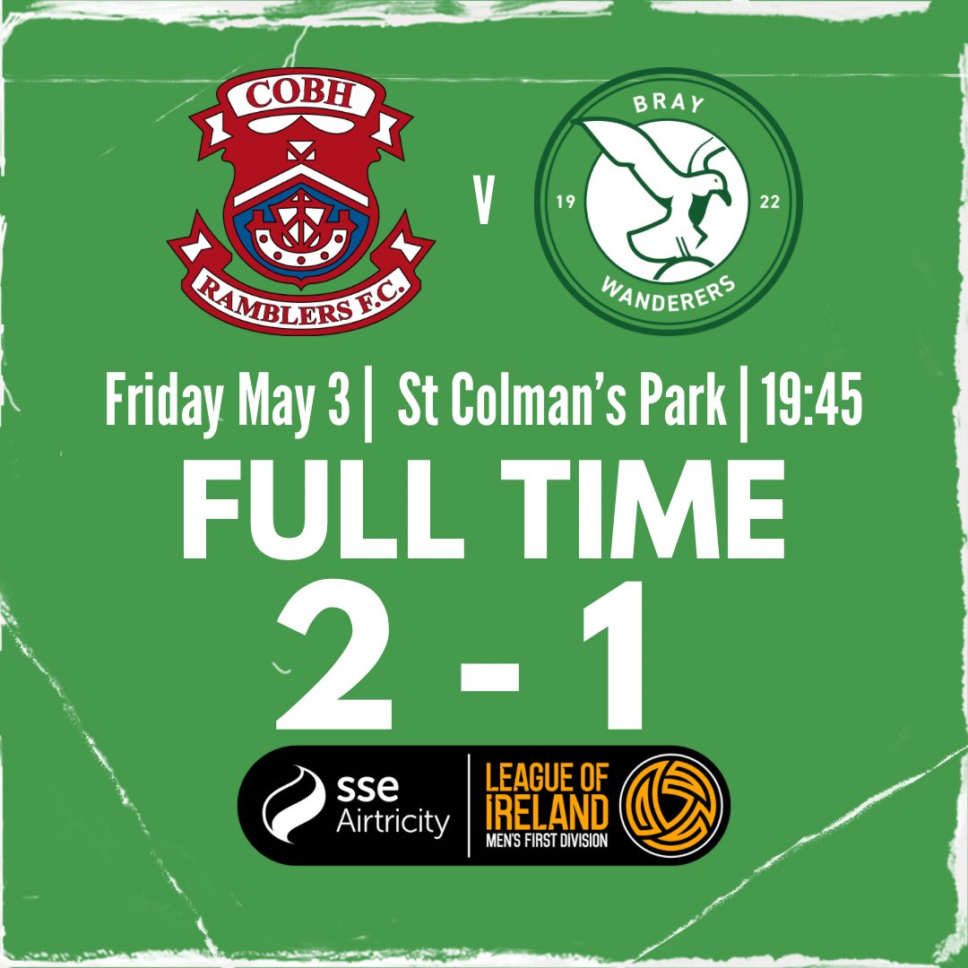 Full Time at St. Colman’s Park. We go down 2-1 as the winning run ends. Safe home to all who travelled. Back to the Carlisle on Monday to host Finn Harps.