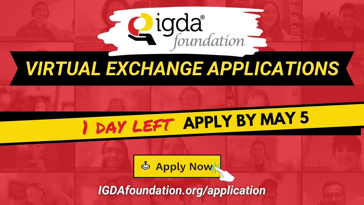 🎶IT'S THE FINAL COUNTDOWN!! 🥳

The IGDA Foundation 2024 Virtual Exchange Program applications close May 5th at 11:59PM PT
igdafoundation.org/application

#MayTheFourthBeWithYou as you challenge yourself to take a step to a bright future in video games🎮