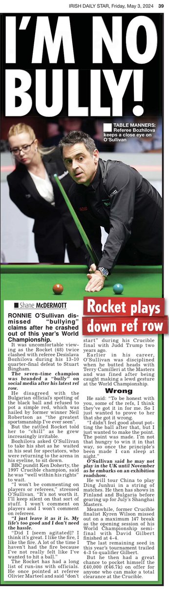 Snooker superstar @ronnieo147 brushed off bullying claims at the World Championship @MirrorSport @MirrorSportIE @DailyMirror @Daily_Express @DExpress_Sport @DailyStar_Sport @dailystar @_ShaneMacD