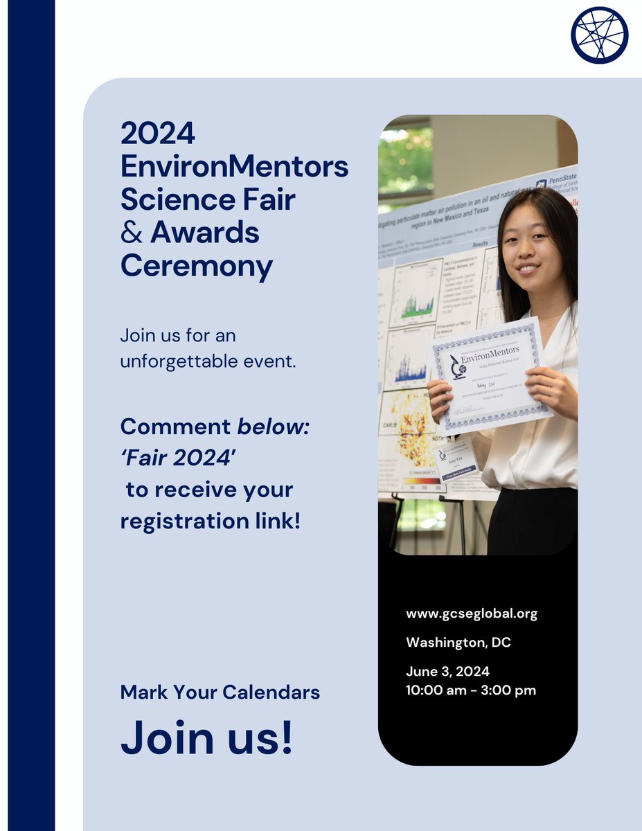 Global Council for Science & the Environment (@gcseglobal) on Twitter photo 🔬Join Us at the EnvironMentors 2024 Science Fair & Award Ceremony!
📆Save the Date
Date: June 3, 2024
To register: Email us at EnvironMentors@gcseglobal.org
Celebrate achievements of bright young minds in environmental science on June 3, 2024. #EnvironMentors #ScienceFair2024 🔬Join Us at the EnvironMentors 2024 Science Fair & Award Ceremony!
📆Save the Date
Date: June 3, 2024
To register: Email us at EnvironMentors@gcseglobal.org
Celebrate achievements of bright young minds in environmental science on June 3, 2024. #EnvironMentors #ScienceFair2024
