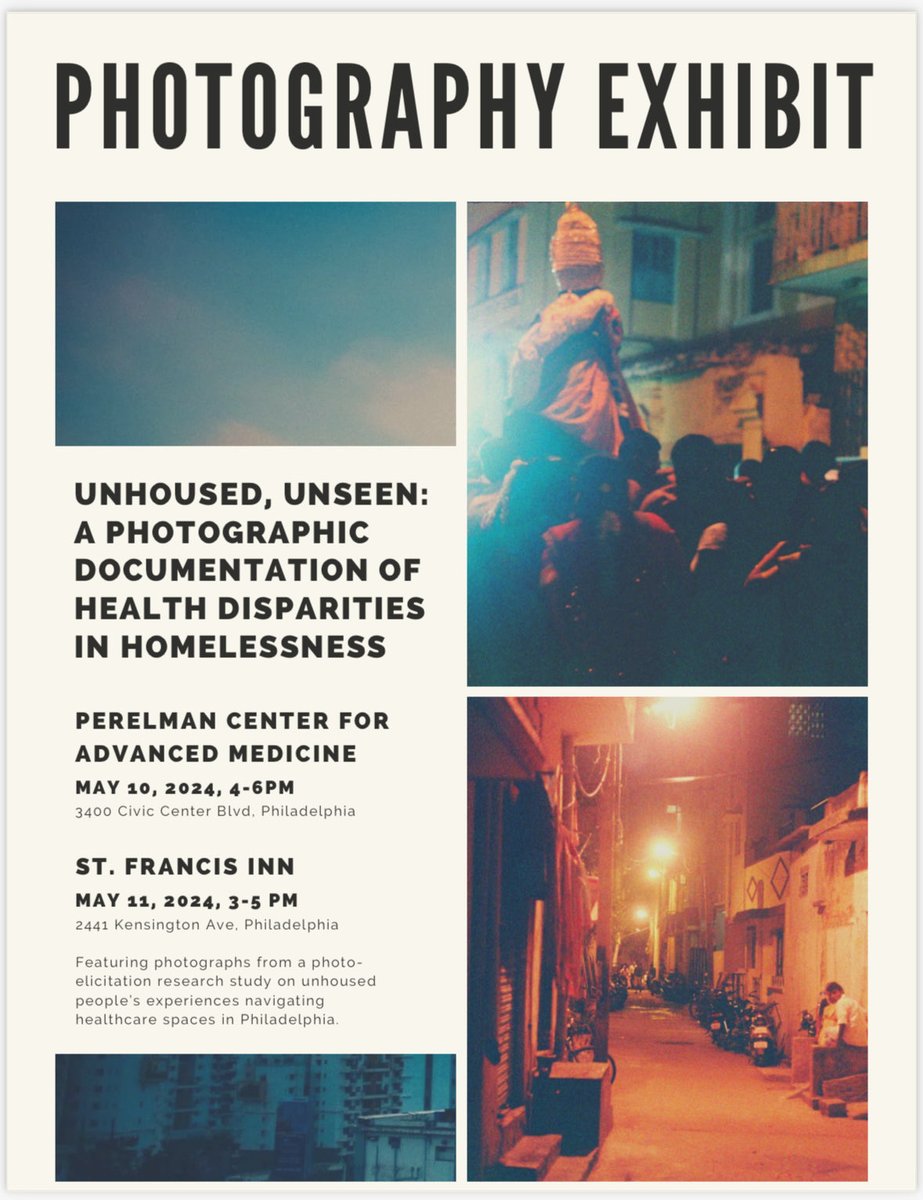 Laura Sinko PhD, MSHP, RN (@laurasinko) on Twitter photo Come see the amazing work of my mentee Neha Shetty who used photo-elicitation to capture the healthcare experiences of unhoused people in Philadelphia. This exhibit is being shown next weekend at <a href="/PennMedicine/">Penn Medicine</a> and at St. Francis, a homeless services center in Kensington. Come see the amazing work of my mentee Neha Shetty who used photo-elicitation to capture the healthcare experiences of unhoused people in Philadelphia. This exhibit is being shown next weekend at <a href="/PennMedicine/">Penn Medicine</a> and at St. Francis, a homeless services center in Kensington.