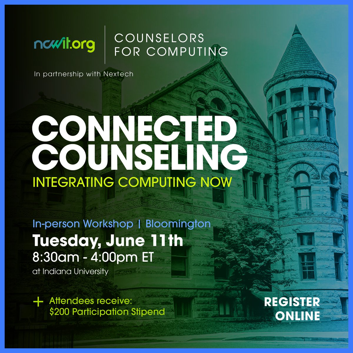 🆕 Counselors in Indiana: Join us and event partner @nextech for a one-day workshop at @IUBloomington during 2024 CSPD Week!

Register: bit.ly/NextechC4CJune…

Get connected with @NCWIT resources, kits, and strategies to integrate computing now, and take home a $200 stipend! 💸