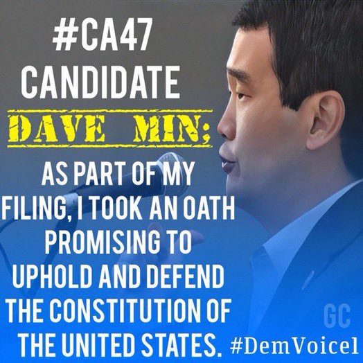 #wtpBLUE #wtpGOTV24 #DemVoice1 
CA47 Dave Min is the best candidate!
.@SenDaveMin is a proven leader and will work hard for Orange County. Dave is for climate action, women’s rights and gun control. DaveMin.com for more and to donate! Vote for Dave to win with Min!